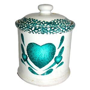 Vintage Cottagecore Folk Art Green Heart Ceramic Canister w Lid 1996 China 7"